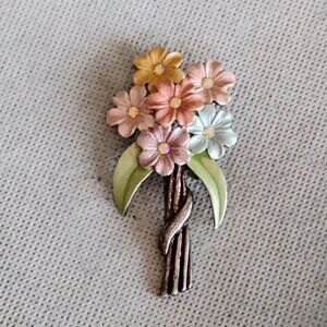 Vintage Enamel Rhinestone Pastel Flower Bouquet Brooch Silver Tone 2.5"